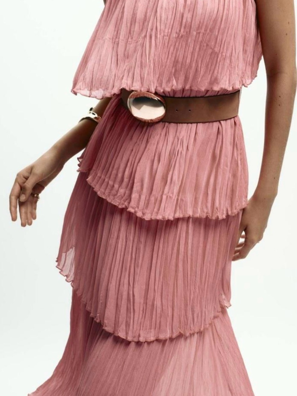 Zara Dusty Rose Pleated Tiered Maxi Dress